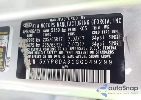 2016 Kia Sorento 2.4L Lx из США, поврежденный, VIN 5XYPGDA31GG049299